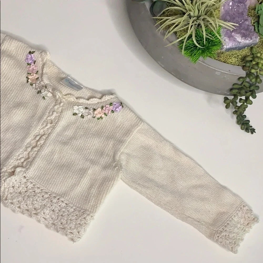 Antonella kids Ivory Knit Flower Tea Time cardigan sweater 9-12 months girls